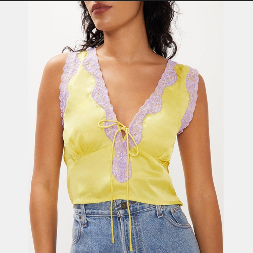 Nasty Gal Satin Contrast Lace Crop Top | Yellow & Purple Lace
